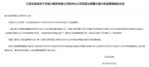 e路配资 恒力期货苏州分公司被警示：风险管理不到位等